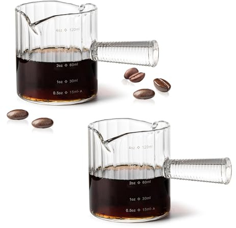 Steviieden Espresso Cups Set of 2, 4 OZ Glass Double Spouts Cups, Shot Glasses, Milk Cup with Glass Handle for Dishwasher Safe, Espresso Accessories for Machine, Demitasse Cups, Small (Clear)