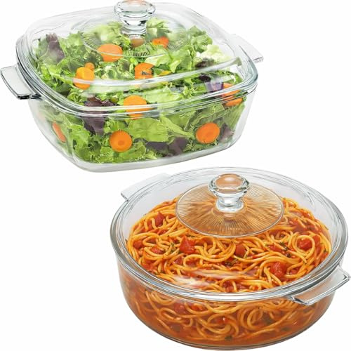 2 Pack 1.5L +1.7L Glass Casserole Dish with Lid and Handle Clear Lead-Free Covered Glass Baking Dish Casserole Cookware, Oven and Microwave Safe, for Marinating Baking Cooking