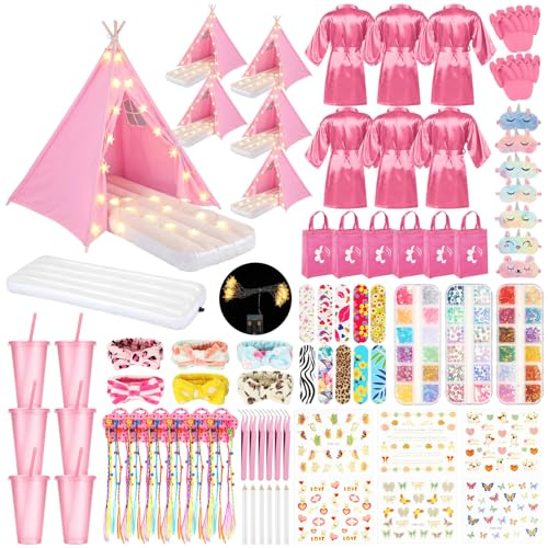 Chunm 6 Set Sleepovers Teepee Tents Spa Party Robes Supplies Bulk with Inflatable Airbed and Light String, Party Supplies for Birthday Movie Spa Favors Gifts Indoor Outdoor(6 Pink)