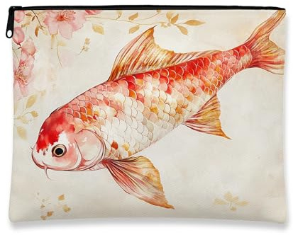 Bolsa de maquillaje floral con diseño de peces de carpa, bolsa de viaje para mujeres, organizador portátil de lona pequeño con cremallera, bolsa de aseo para el cuidado de la piel de primavera, Rojo