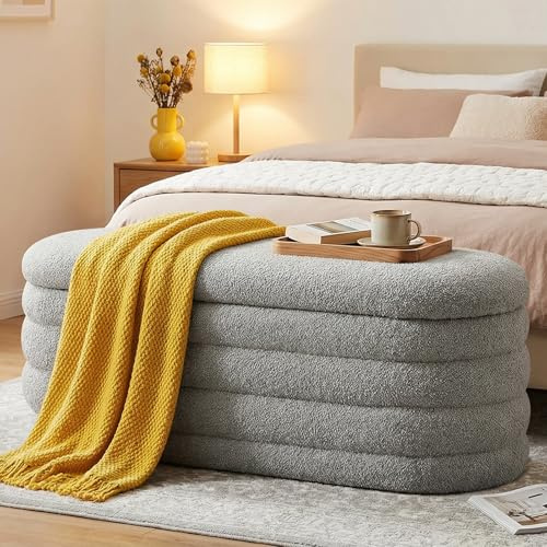 Ckaff Panca Contenitore Camera da Letto, Panca Fondo Letto, Cassapanca con Contenitore Imbottita, Pouf Organizzatore Ottomano in Sherpa per Camera da Letto Soggiorno Ingresso, Grigio