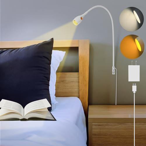 Obeaming Wall Mounted Reading Light, Minimalist Headboard Mount Book Light, Dimmable LED with Lamp Head Switch Reading Lamp, USB-C Powered, CRI 95+ (4000K + Amber Nightlight) -White