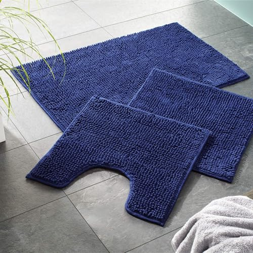 WohnDirect Badematte 45x45 cm Dunkelblau – Kleiner Badvorleger für Gäste-WC & Dusche – Weicher Hochflor Badezimmerteppich Quadratisch, Saugstark & Waschbar (Versand aus DE)