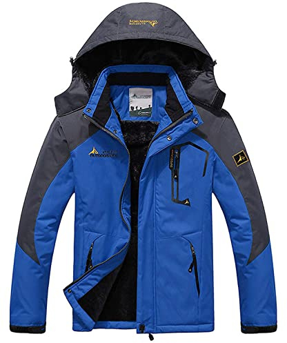 Memoryee Herren Ski Jacke Warmer Gefüttert Winter Fleece Mantel Wasserdichter mit Abnehmbarer Kapuze Outdoorjacke/Blue/L