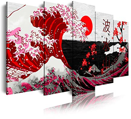 DekoArte 536 - Cuadros Modernos Impresión de Imagen Artística Digitalizada | Lienzo Decorativo Para Tu Salón o Dormitorio | Estilo Abstractos Arte La Gran Ola De Kanagawa Rojo | 5 Piezas 150 x 80 cm