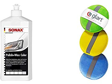 SONAX Polish & Wax Color NanoPro weiß (500 ml) Politur mit Farbpigmenten und Wachsanteilen auf Nanotechnologie-Basis | Art-Nr. 02960000 & Glart 43PP Mikrofaser Handpolierschwamm 3er Set, 130x25 mm