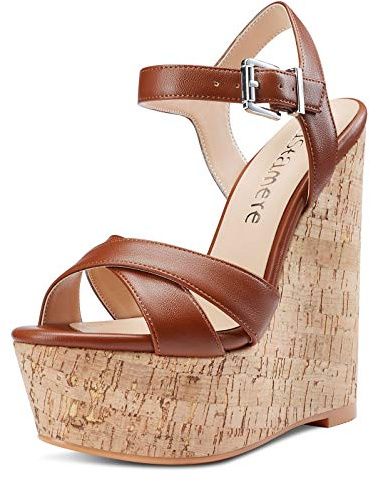 Castamere Escarpins Wedge Femme Bout Ouvert Sandale Cale Bride Cheville Slingback Plateforme Talon Marron PU Chaussures EU 45