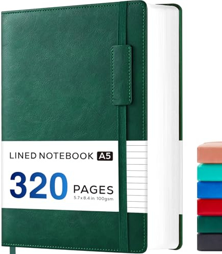 NIRMIRO A5 Notebook, Hardback Lined Journal for Writing Work, 320 Pages Thick Notebook with 100GSM Premium Paper, PU Leather Note Book Note Pad with Inner Pocket, Green