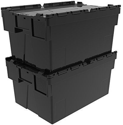 Heavy Duty 100% Recycled Plastic 56 Litre Attached Lidded Container Storage Box Totes (60 x 40 x 31cm) Black - Pack of 2