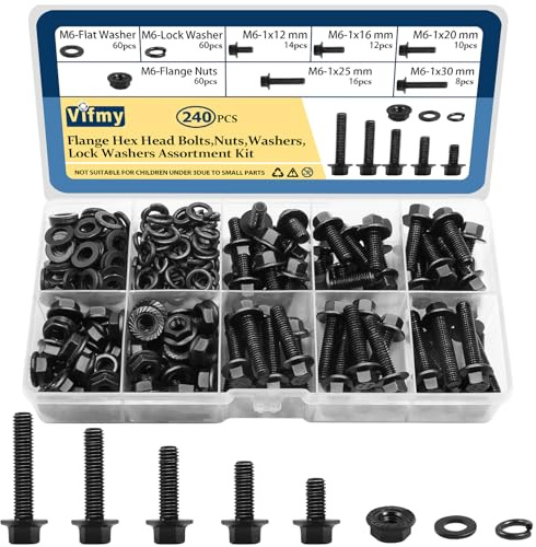 Vifmy M6-1.0 x 12/16/20/25/30mm Flange Hex Head Bolts Assortment Kit (240 Pack) with Serrated Flange Nuts,Washers & Lock Spring Washers,Hex Head Screw,Alloy Steel Black Oxide Finish Plated Full Thread