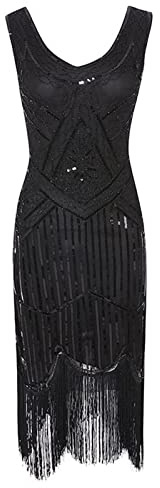 Générique Robe Gatsby Femme Robe Flapper Charleston Pailletée avec Frange Années 20 Vintage Robe de Soirée Cocktail Col V Rétro sans Manche manières