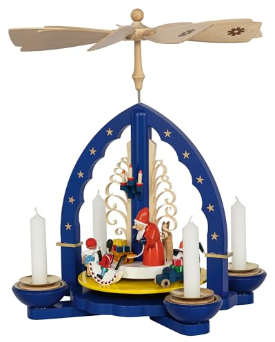 Richard Glaesser Pyramid Christmas Gift Blue for Tea Light and Candles from Seiffen in the Ore Mountains, 16062