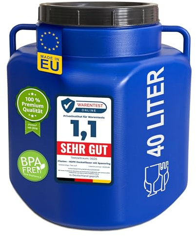plasteo® 40 Liter Weithalsfass mit Deckel und Griffen Eckig Blau, Lebensmittelecht und BPA-Frei, Futtertonne Kunststofffass Universalfass Deckelfass Wasserfass Regentonne Lagerfass, Blau