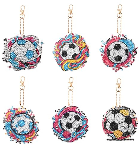 FIHODONE 6 portachiavi con diamond painting, calcio, pittura con diamanti, fai da te, per bambini, per donne e uomini