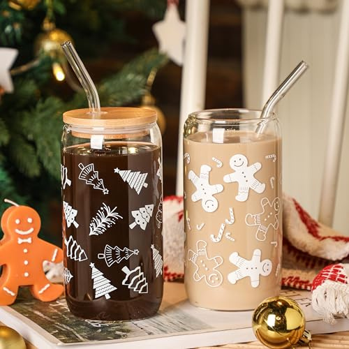 Xelewooz Christmas Cups, 16oz Mugs Mason Jars Glass Cups with Lid and Straw, Tumbler Drinking Glasses, Iced Coffee Tumblers, X-mas Decorations, Gifts for Women Men, Set of 2