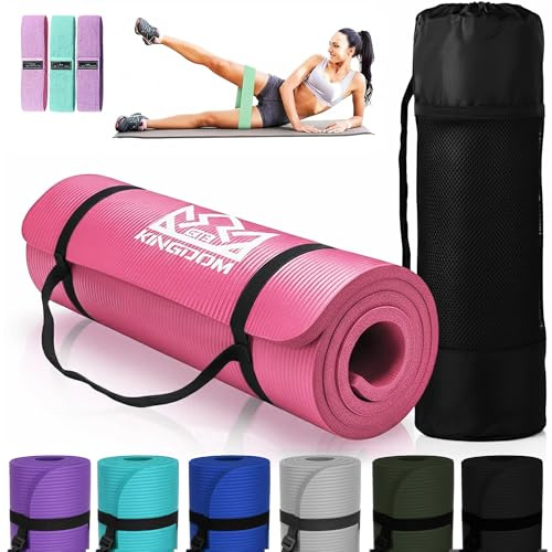 Kingdom Fitness 15mm Extra Thick Yoga Mat Set | NBR Non-Slip Exercise Mat, Carry Bag, Strap & Resistance Band, Pink