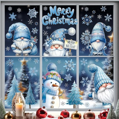 Tongyixin 116 immagini natalizie autoadesive per finestre, blu con glitter argentati, decorazione natalizia 3D, motivo Babbo Natale, decorazione double face, per finestre invernali