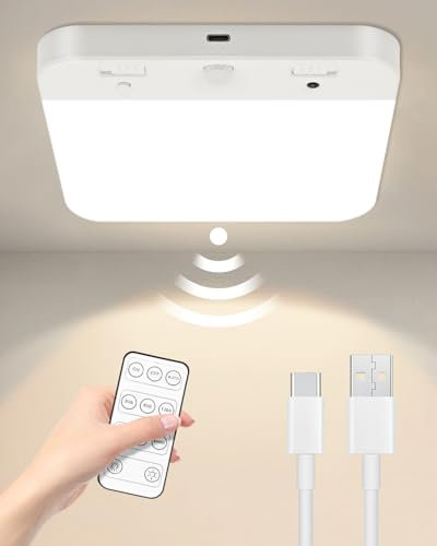NEEMOSI Lampada da soffitto LED con sensore di movimento - Lampada da soffitto ricaricabile 6000 mAh, installazione magnetica, 3 temperature di colore, intensità regolabile, USB, senza fili - con