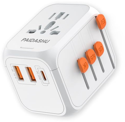 Adaptateur de Voyage Universel avec PD20W, 2 USB 1 USB C et 1 AC, Adaptateur Universel pour l'Allemagne, États-Unis, Angleterre, Italie, Australie