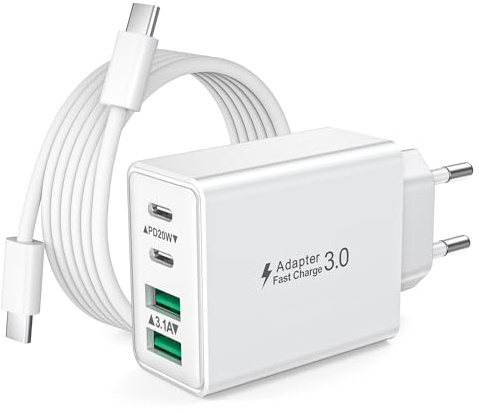 LumFocus Chargeur USB C, 40W 4 Port Prise Chargeur iPhone Rapide Multiple Prise USBC avec 2M Cable USB C pour iPhone 14 13 12 11 Pro Max Plus X/XS/XR SE, Samsung, Prise USBC et Cable C-to C