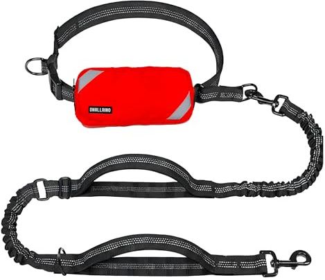 DNALLRINO Hands Free Dog Leash with Waterproof Pouch, Adjustment Bungee Leash with Dual Soft Padded Handles for Hiking, Walking, Jogging and Running Your Dogs(Red)