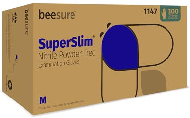 BeeSure BE1147 Superslim Nitrile Powder Free Exam Gloves, Medium (Pack of 300),blue