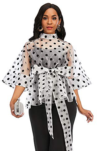 AOMEI Women's White Stand Collar Polka Dot See Through Front Tie Peplum Blouse L