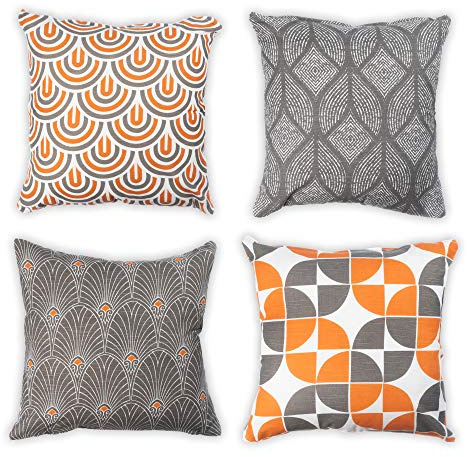 Penguin Home Set of 4 100% Slub Cotton Fabric Cushion Covers 45cm x 45cm Double Sided Square Pillow Covers with Invisible Zipper Pillow Cases for Living Room, Bedroom, Sofa (Grey/Orange)