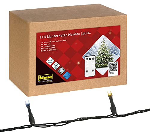 Idena 31269 - LED Lichterkette mit 200 LEDs in Weiß und Warmweiß, 8 Stunden Timer Funktion, Dimmer und Memoryeinstellungen, ca. 27,9 m lang, zum Basteln, als Party Deko, Weihnachtsdeko, Hochzeit