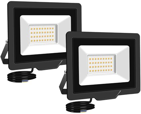 RIGIDON 2 Pcs Outdoor Flood LED Work Light, 30W 3000 Lumens Floodlight, Daylight Warm White Security Lights for Garden Yard Lawn Basketball Football Court Patio Landscape, IP66 Waterproof 3000K