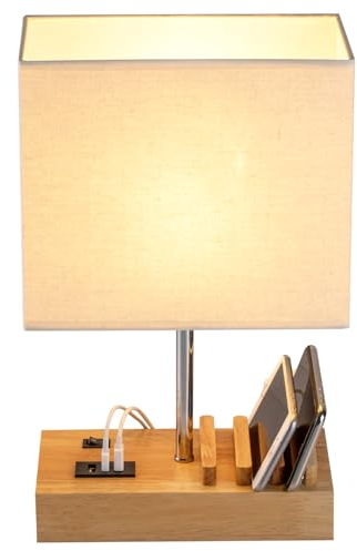 Dreamholder Lampe de table avec 3 ports USB A + C, 3 supports de téléphone, lampe de chevet moderne USB pour chambre à coucher, salon, bureau, lampe de chevet avec base en bois naturel et abat-jour en