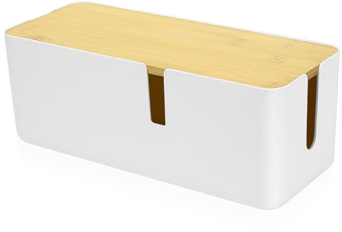 Kabelbox, Kabelmanagementbox, Kabel Aufbewahrungsbox für Kabel Organisierte Box mit Bambusdeckel, Kabel Organizer Kabelkasten zum Verstecken von Kabeln Steckdosenleisten lose Drähte, Weiß