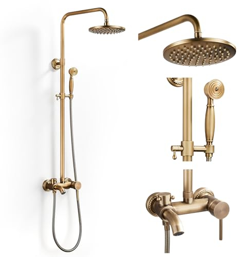 Colonne de Douche Laiton Rétro pour Baignoire Système de Douche Antique Ensemble de Douche Baignoire avec Mitigeur Mural Mitigeur de Douche Set de Douche pour Baignoire, Réglable Hauteur 70 à 120 cm
