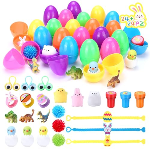 LEMESO Uova di Pasqua per Bambini per Caccia alle Uova di Pasqua 24+24 pz Gadget Pasqua Bambini Sorprese per Uova di Pasqua Giocattolini per Compleanno Scuola