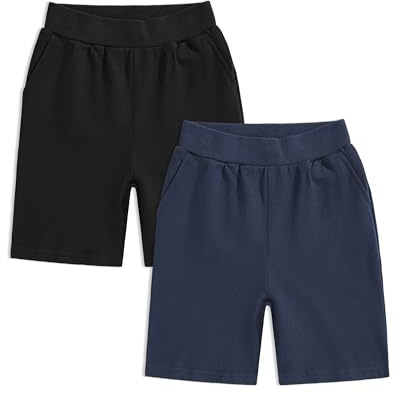 Auranso Boys School Shorts Kids Cycling School PE Sports Shorts Boys Black Navy School Shorts with Pockets, 2 Pack, Black/Navy, 7-8 Years