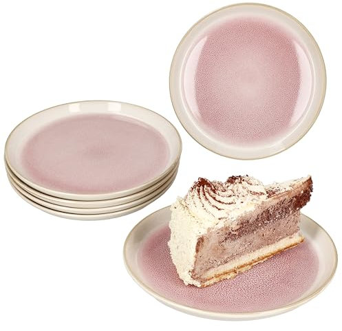 MamboCat Lot de 6 assiettes à gâteau Reactive Glaze Paris - Crème et rose - Assiettes à petit-déjeuner en faïence pour 6 personnes - Petites assiettes pour salade, dessert et autres.