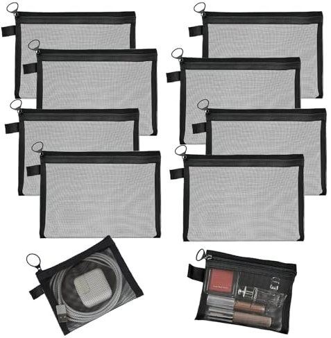 QINGYIWL 8 Stück Mini Netztaschen mit Reißverschluss, 13 x10 cm Mini Kulturbeutel Schwarz, Kosmetiktasche Klein, Zipper Durchsichtige Tasche für Diverse Kleinigkeiten