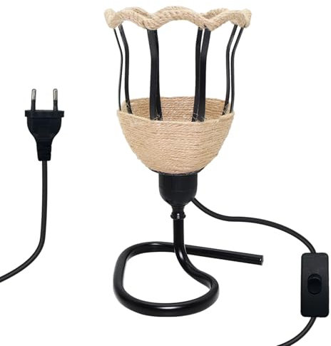 E27 Kit de Lámpara de Mesa con Interruptor y Cable 240CM, Lampara Mesa Base de Aluminio Negro E26 con Pantalla de Cuerda Tejida a Mano, Moderna Lamparitas Mesita Noche de soporte de lámparas DIY