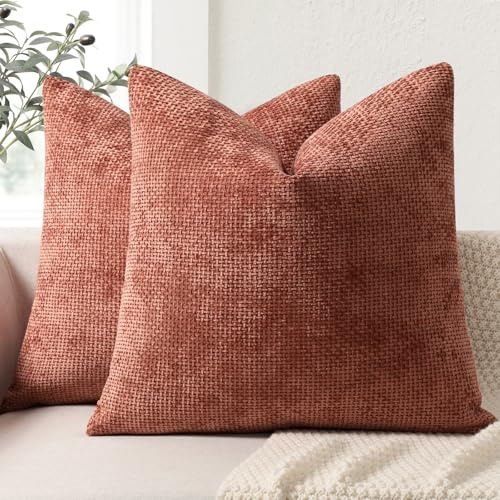 ZWJD Autumn Cushion Covers 40x40cm 2 Pack – Soft Chenille Decorative Pillow Cases Dark Orange Sofa Cushion Covers for Couch, Bed and Living Room Home Decor Throw Pillow Covers