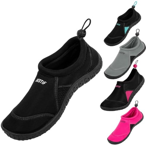 BESTIF Chaussures de bain pour homme et femme | Chaussures de natation en néoprène avec cordon de serrage | Légères et confortables | Noir, Bleu Tailles 36-45, Noir , 37 EU