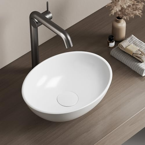 EMKE Lavabo da Appoggio Ovale 35 × 27 × 11 cm, Lavabo in Ceramica per Bagno e WC Ospiti, Bianco Lucido