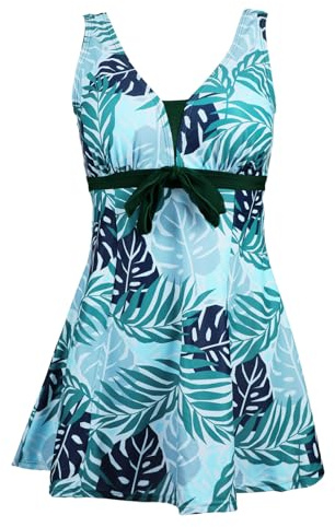 Ecupper Maillot de Bain Une Pieces pour Femme Rétro Jupe avec Volantée Contrôle du Ventre Push Up Col en V