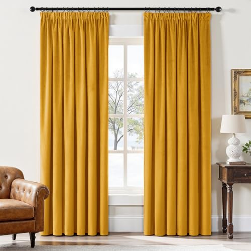 EMEMA Tende in velluto con nastro arricciato giallo senape, tende in velluto decorative opache set da 2 pezzi, belle tende spesse e pesanti per soggiorno camera da letto, tenda oscurante termica in