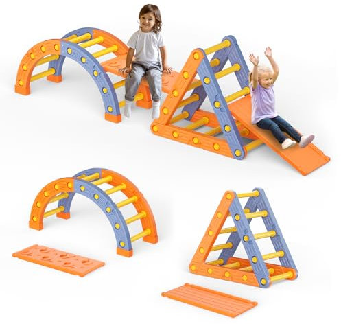 Montessori - Set di impalcature da arrampicata per interni, con struttura triangolare, semicerchio, scala, scivolo in plastica, per bambini (blu arancione 005)