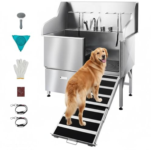 VEVOR Stazione di Lavaggio per Cani in Acciaio Inox, Vasca per Toelettatura per Animali Domestici di Grandi, Medie e Piccole Dimensioni da 127 cm con Rampa, Rubinetto e Soffione Doccia, Porta Destra