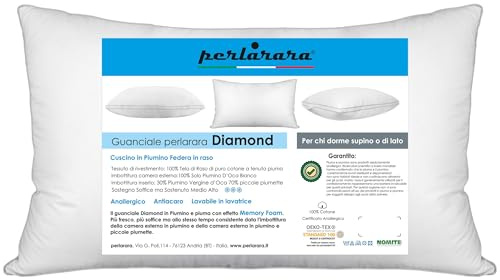 PERLARARA Cuscino in Piuma d'Oca Morbido Diamond - Guanciale Alto in Piumino e Piumette con Federa in Raso di Cotone a tenuta Piuma - Ideale per chi dorme di Lato o Schiena