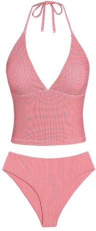seamoly Bikini Set for Women V Neck Swimsuit High Cut Two Piece Bathing Suit High Waist Tankini Red Gingham M