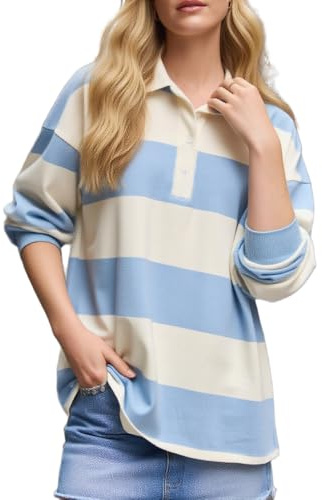 Y2k Women Striped Rugby Polo Shirt Long Sleeve Collared Oversized Vneck Sweatshirt Vintage Jersey Girls Streetwear