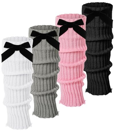 Geyoga 4 Pairs Kawaii Velvet Bow Leg Warmers Japanese Knitted Loose Socks Leg Warmers for Girls Women Lolita 80s Y2k Costume(Black, White, Light Gray, Pink)