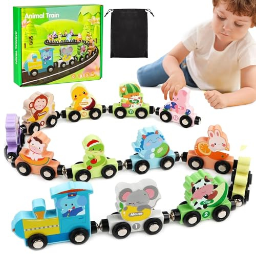 Train Jouet en Bois pour Enfant - 13 Articles Train Montessori en Bois avec Aimants et Animaux, Montessori Voitures à Moteur Magnétique Numéro, Jouet éducatif 1 2 3 4 Ans - Cadeau Anniversaire